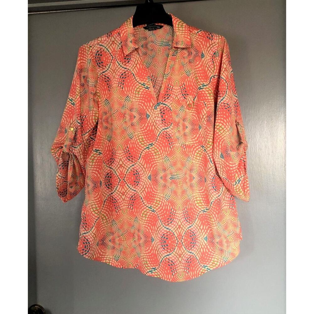 Millenium Women's Orange Multicolor Top Size Large 3/4 sleeves Boho Hippie